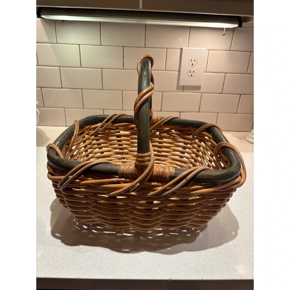 Vintage Woven Wicker Picnic Basket Two-Tone Green Handle Rectangular Farmhouse